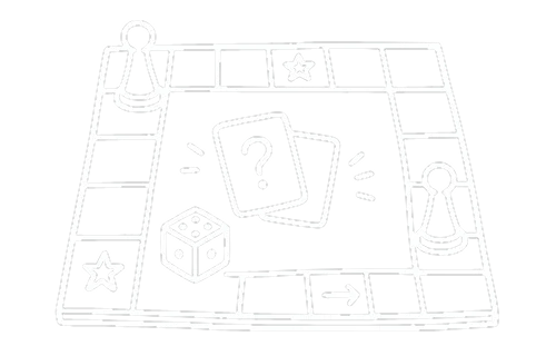 Pictogram voor een bordspeltoernooi met een speelbord, speelstukken, dobbelstenen, kaarten, sterren en richtingspijlen in een eenvoudig wit lijnontwerp.